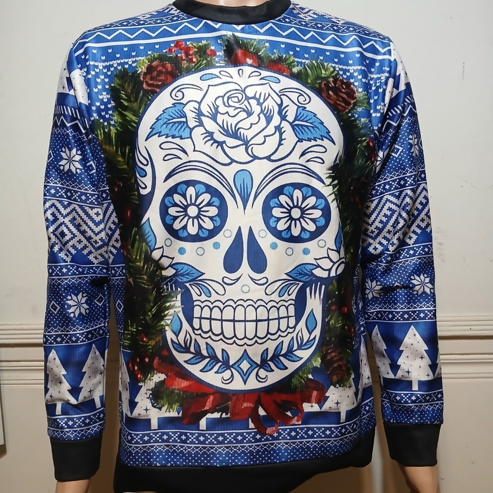 Blue Skull Print Men's Holiday Sweater Large